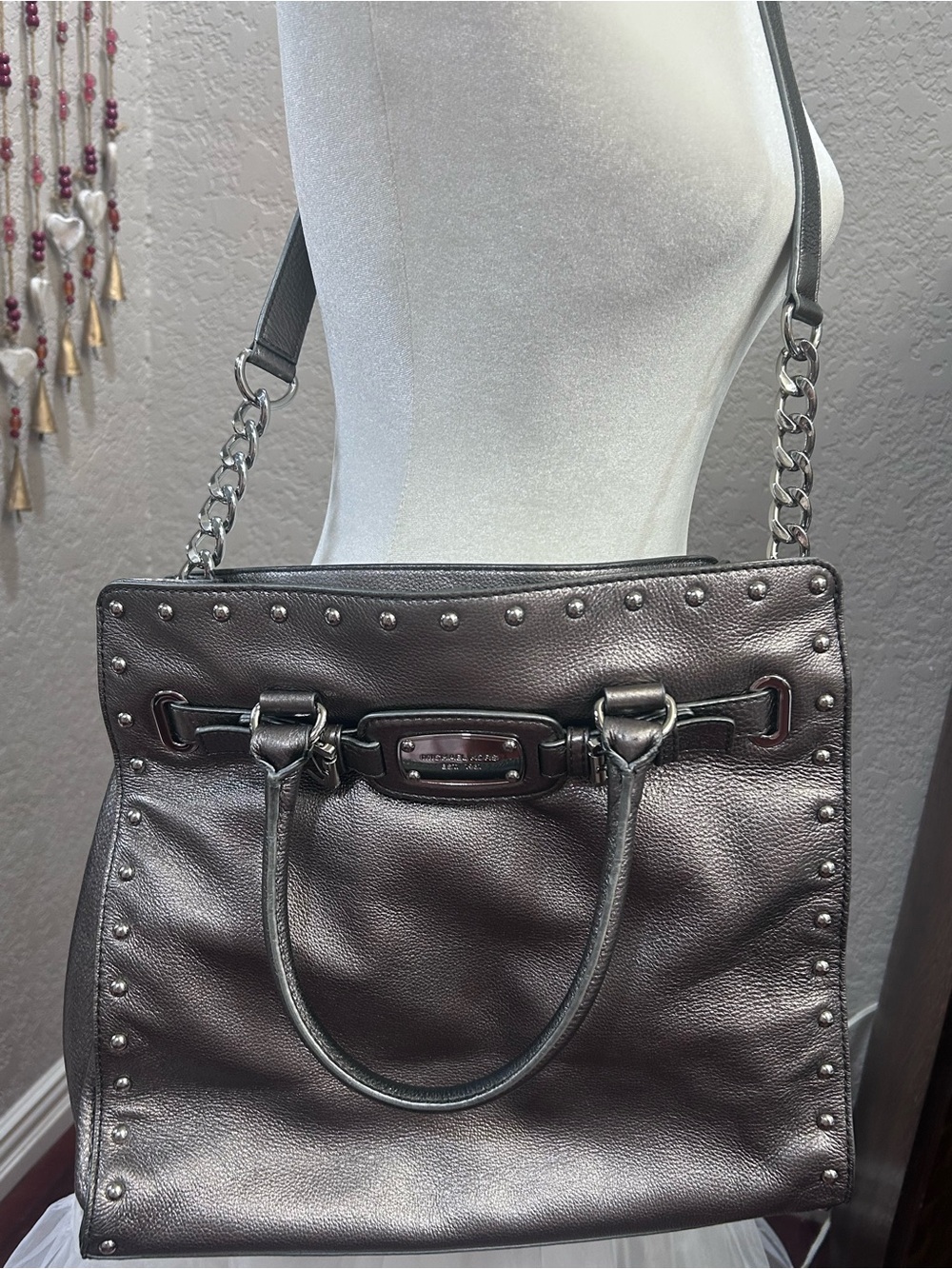 *Michael Kors Metallic Pewter Leather Tote with Chain Strap *COA Included